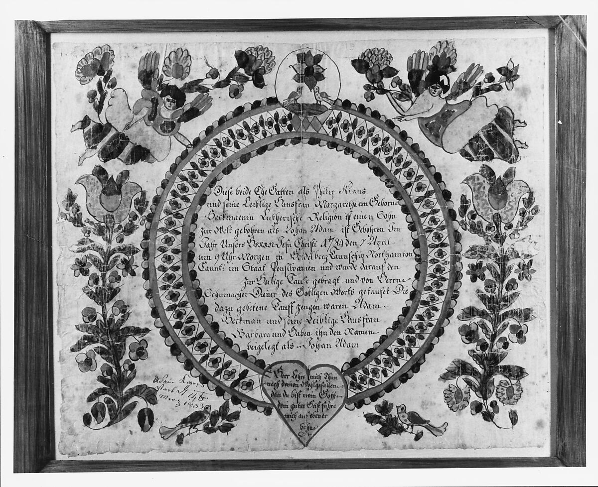 Birth and Baptismal Certificate, Ink and watercolor on paper, American