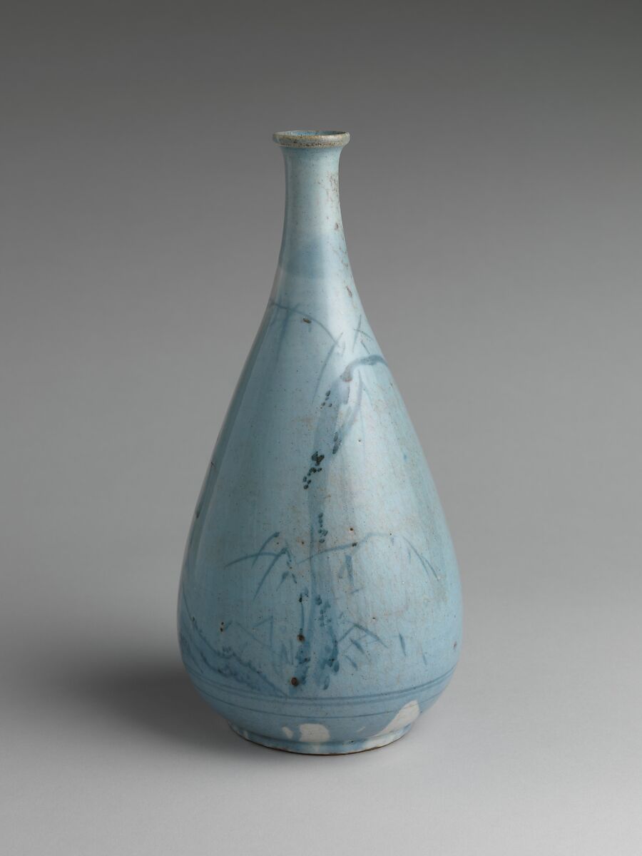 Sake Bottle (Tokkuri) with Bird on a Rock under Willow Tree, Porcelain with cobalt blue under transparent glaze (Hizen ware, Arita type, Japan