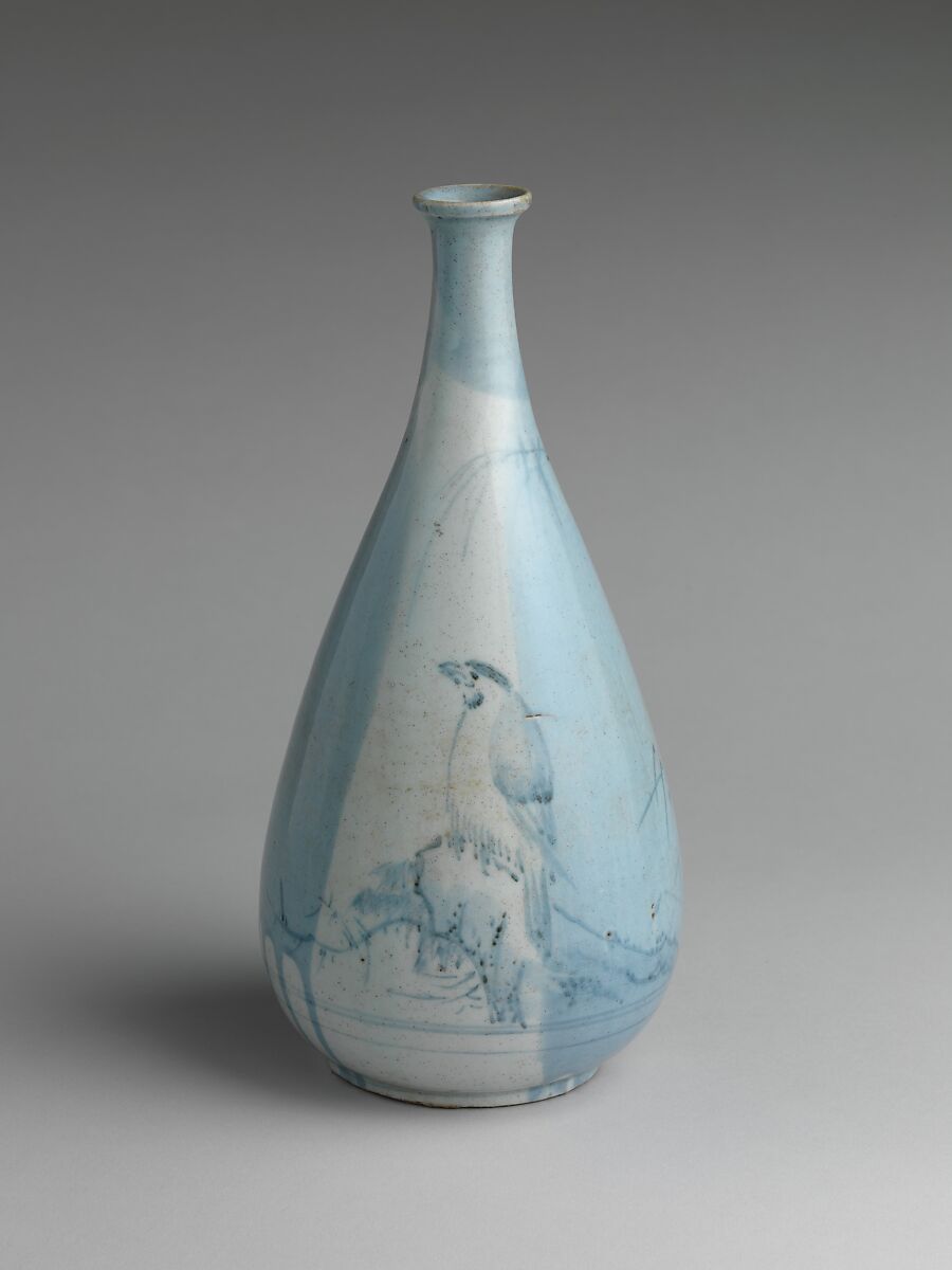 Sake Bottle (Tokkuri) with Bird on a Rock under Willow Tree, Porcelain with cobalt blue under transparent glaze (Hizen ware, Arita type, Japan