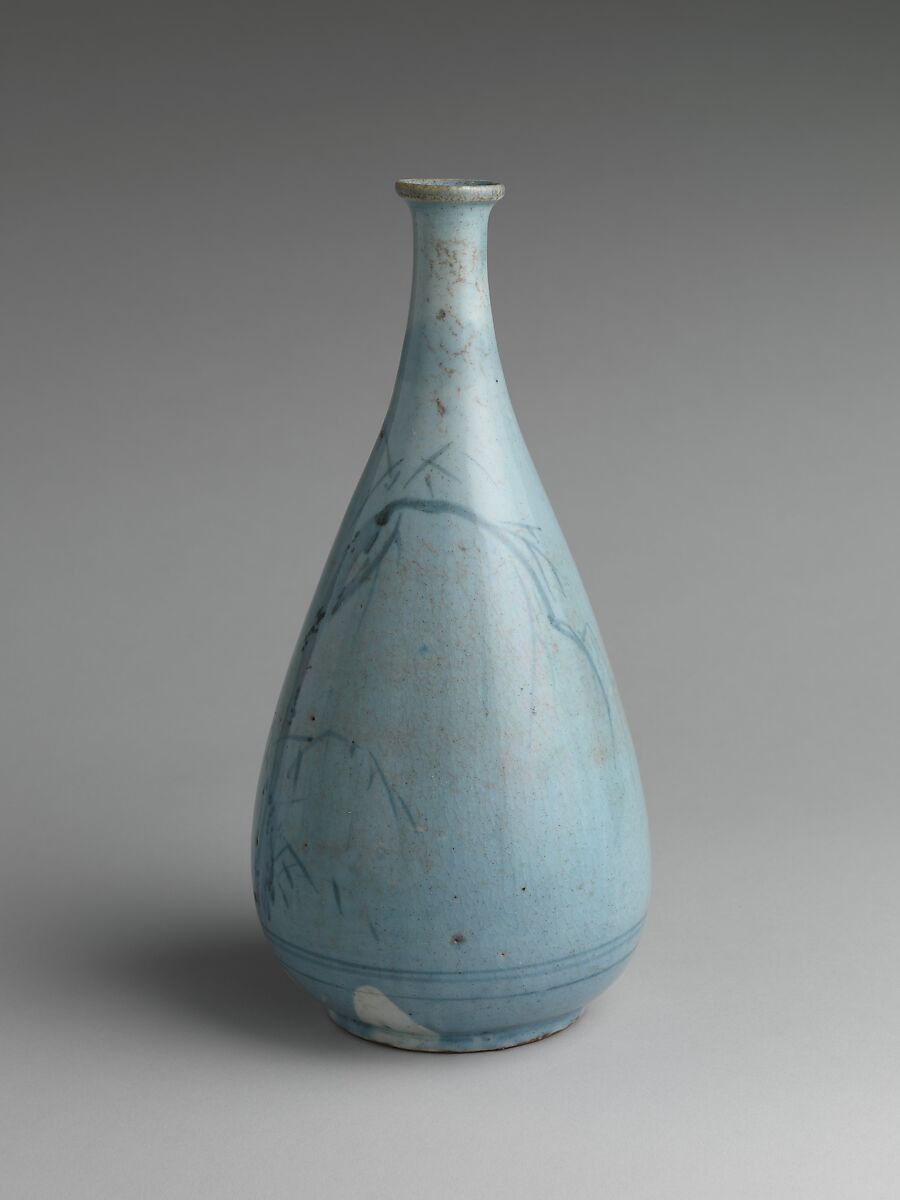 Sake Bottle (Tokkuri) with Bird on a Rock under Willow Tree, Porcelain with cobalt blue under transparent glaze (Hizen ware, Arita type, Japan