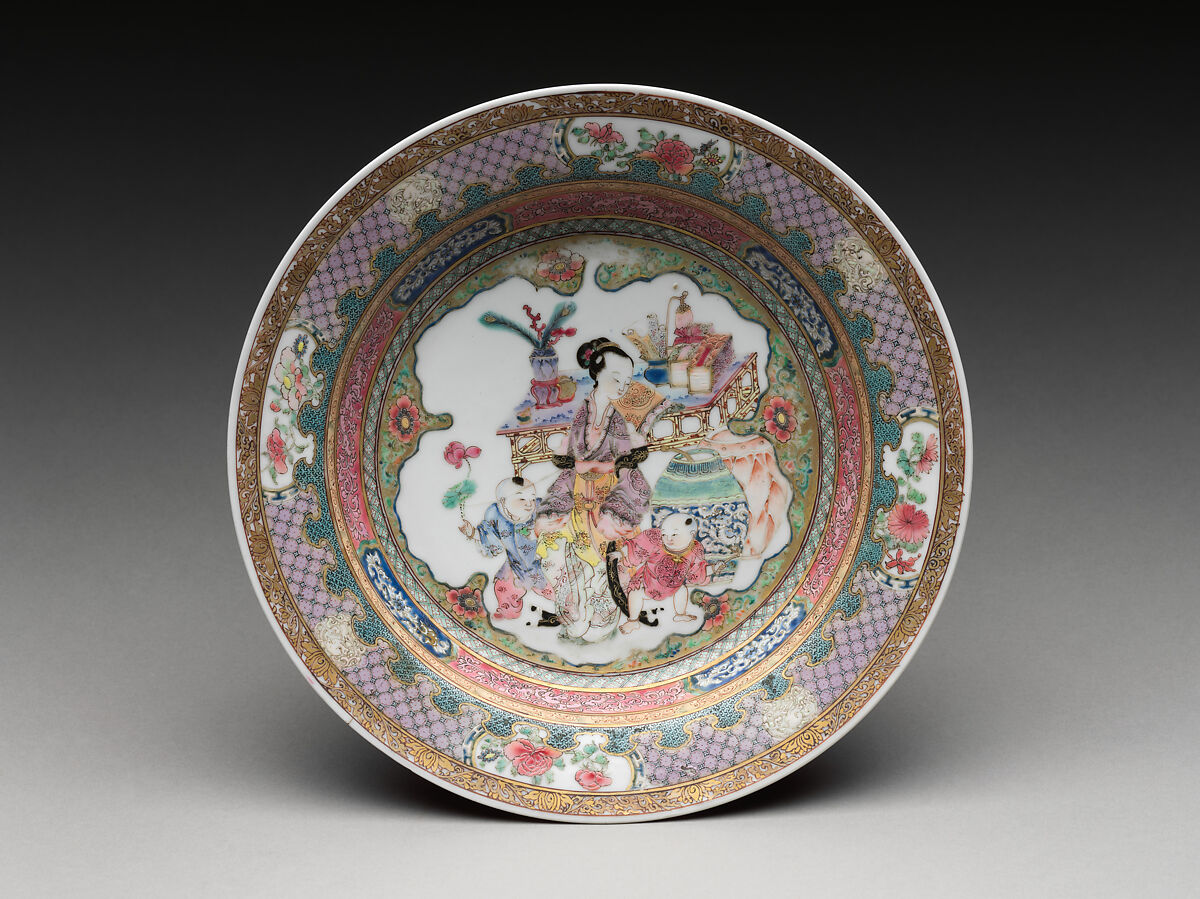 Dish with scene of a woman and children, Porcelain painted with overglaze polychrome enamels and gold (Jingdezhen ware), China 