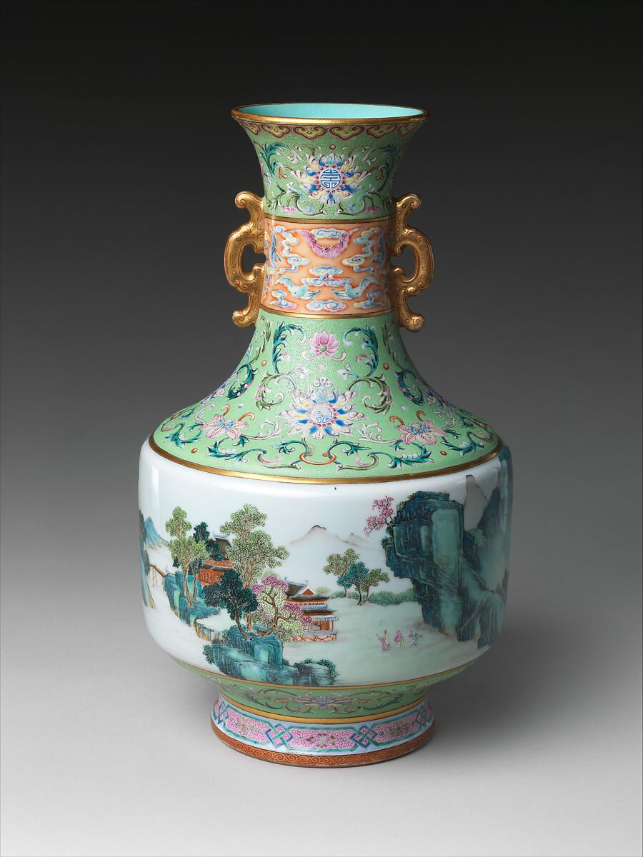 Vase with landscape decoration, Porcelain painted in overglaze polychromatic enamels, with colored glazes and incised decoration (Jingdezhen ware), China 