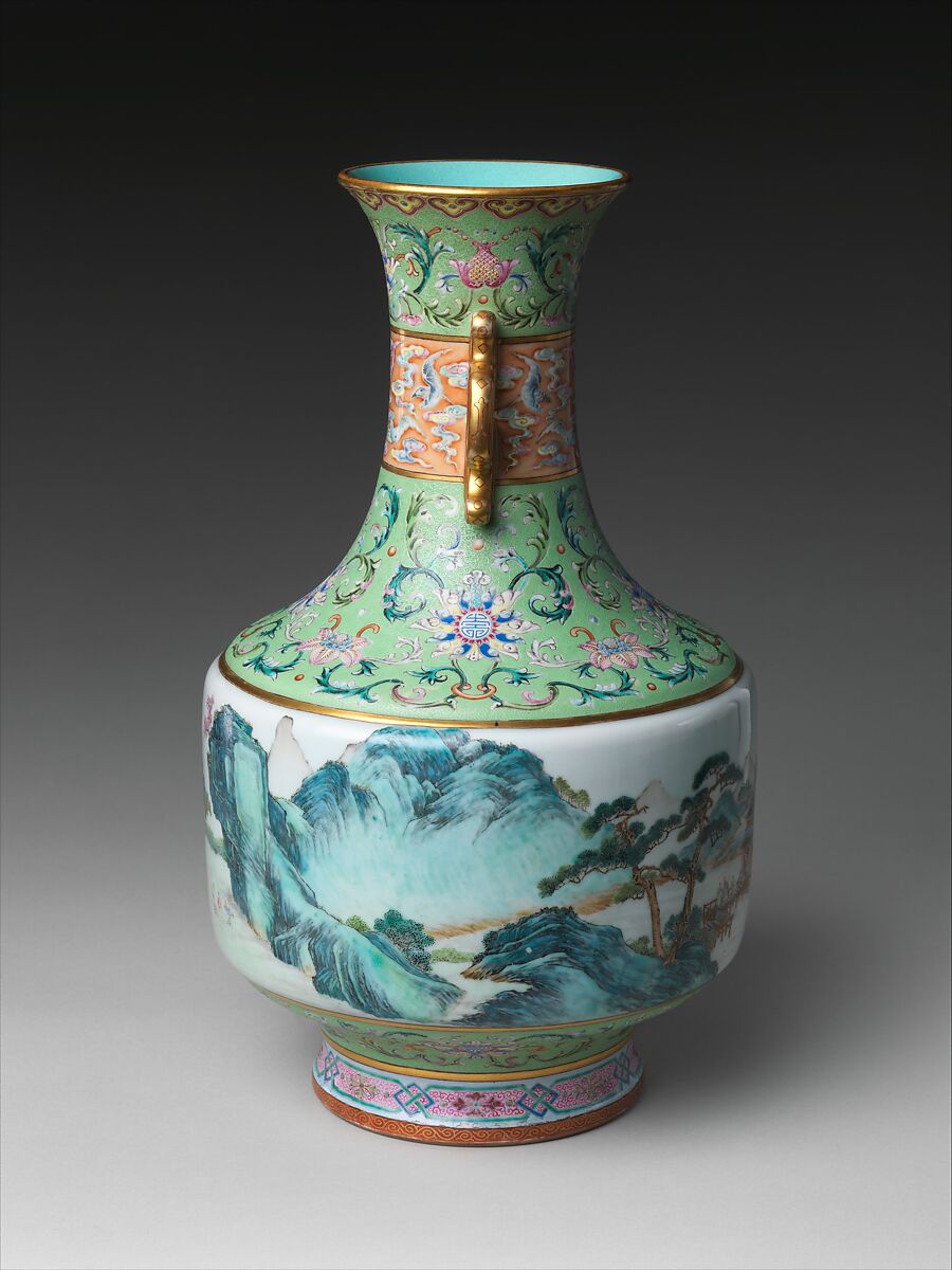 Vase with landscape decoration, Porcelain painted in overglaze enamels, with incised decoration (Jingdezhen ware), China