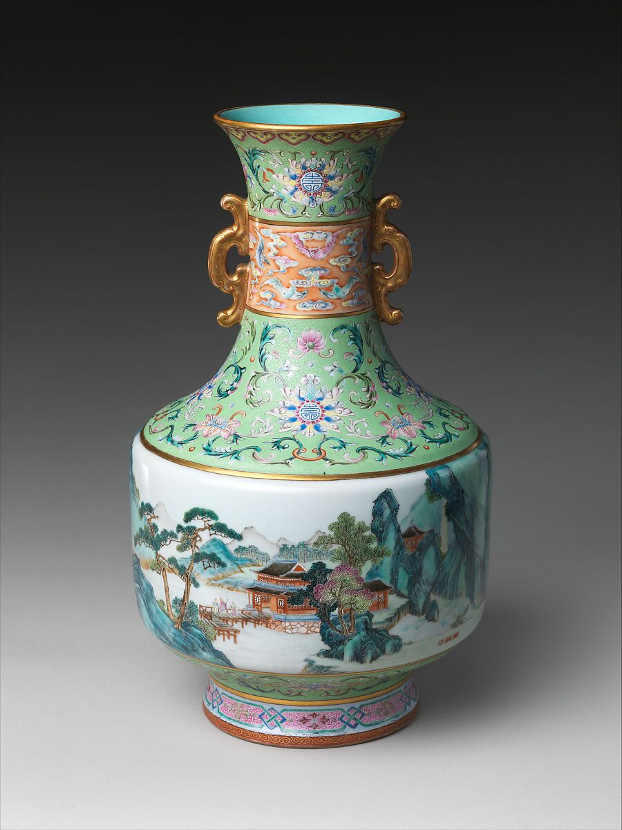 Vase with landscape decoration, Porcelain painted in overglaze enamels, with incised decoration (Jingdezhen ware), China
