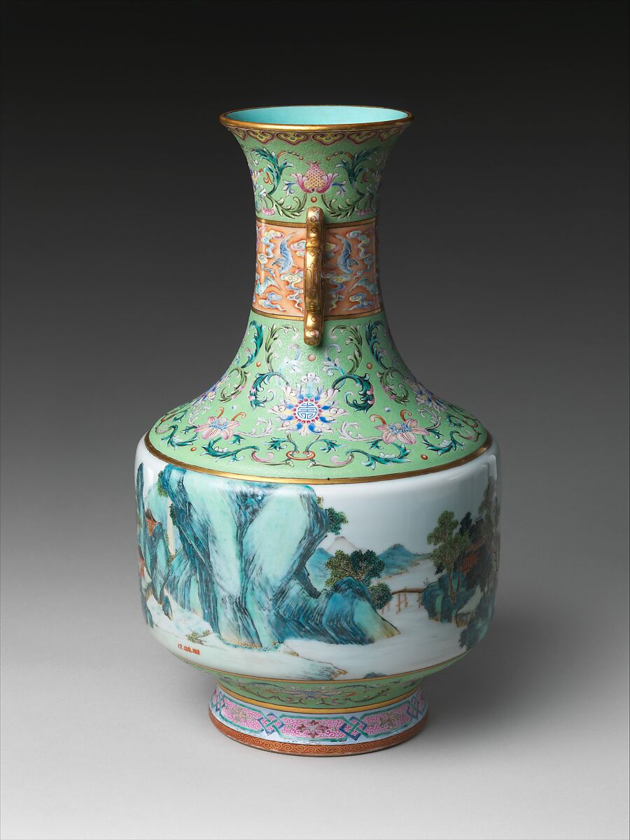 Vase with landscape decoration, Porcelain painted in overglaze enamels, with incised decoration (Jingdezhen ware), China