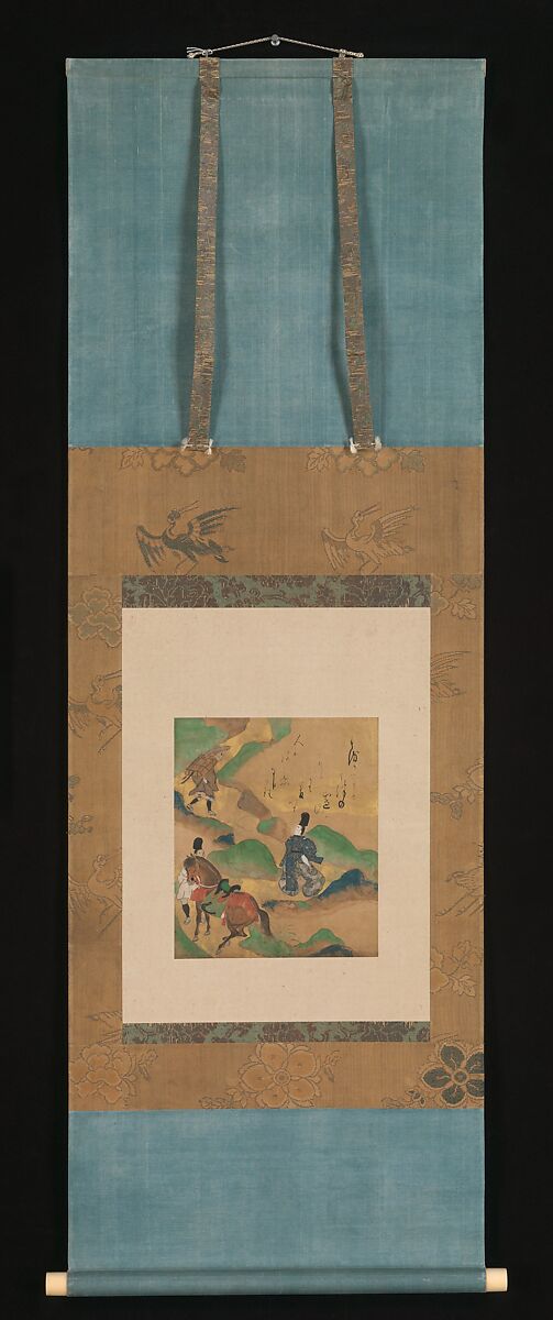 “Mount Utsu” (Utsu no yama), from The Tales of Ise (Ise monogatari), Painting by Tawaraya Sōtatsu (Japanese, ca. 1570–ca. 1640), Poem card (shikishi) mounted as a hanging scroll; ink, color, and gold on paper, Japan