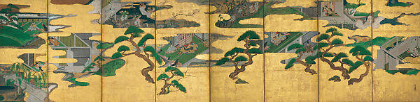 Nine Scenes from The Tale of Genji, Studio of Tawaraya Sōtatsu (Japanese, ca. 1570–ca. 1640), Eight-panel folding screen; ink and color on gilt paper, Japan 