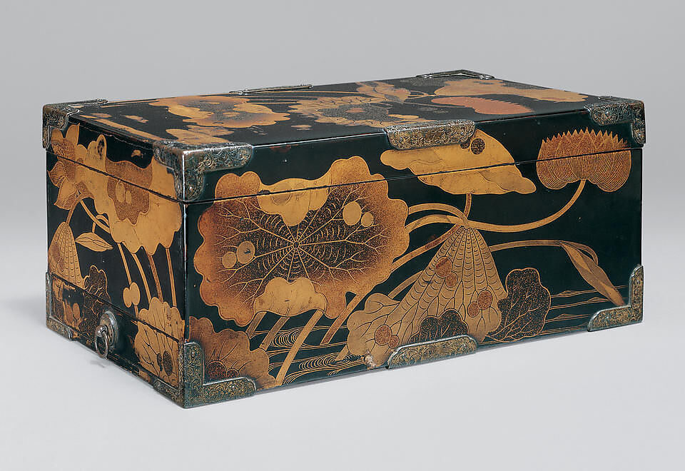 Sutra Box (Kyōbako) with Lotus Pond, Lacquered wood with gold togidashimaki-e, hiramaki-e, and e-nashiji (“pear-skin picture”), Japan 