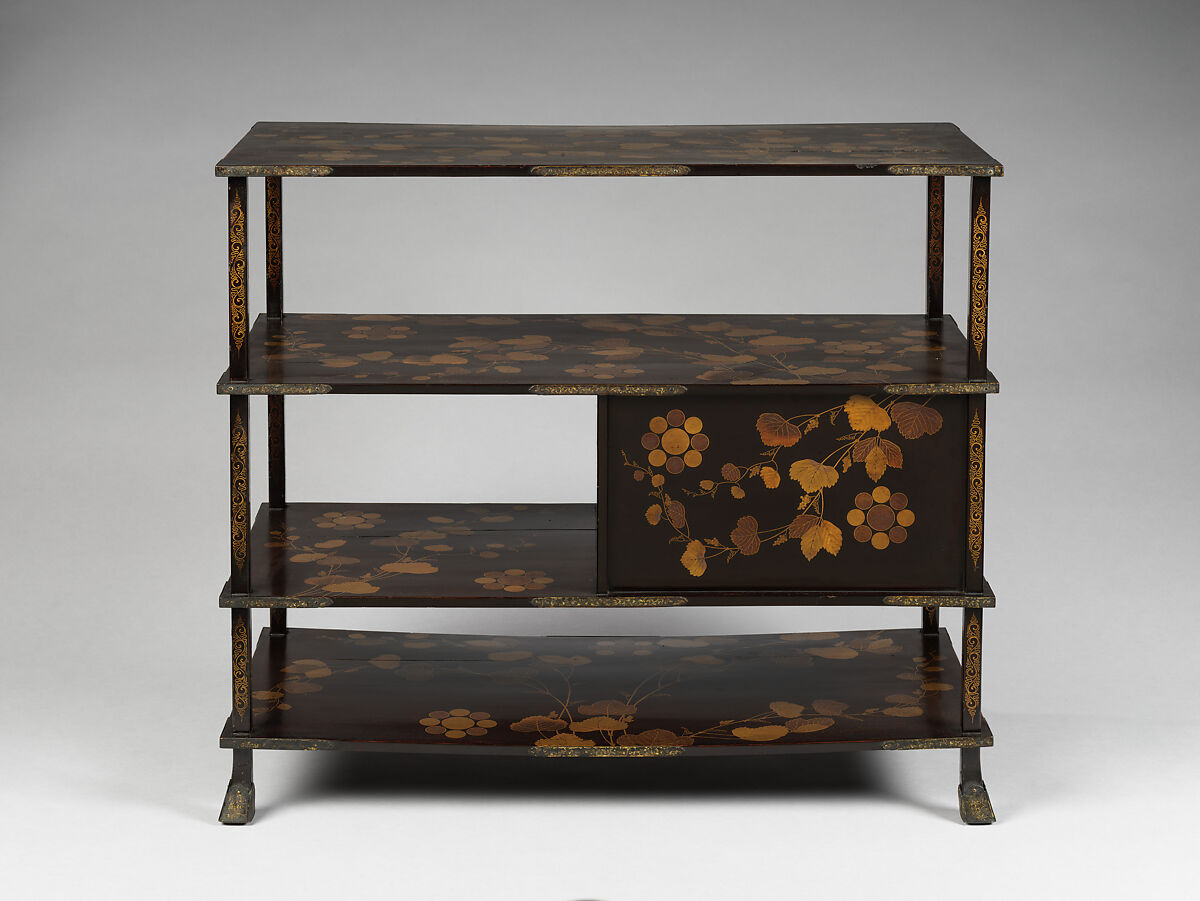 Shelf for Cosmetic Boxes (Kurodana) with Wild Grapevine and Family Crest, Lacquered wood with gold, silver hiramaki-e, Japan