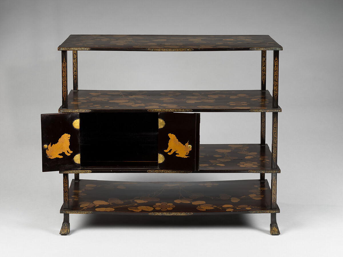 Shelf for Cosmetic Boxes (Kurodana) with Wild Grapevine and Family Crest, Lacquered wood with gold, silver hiramaki-e, Japan