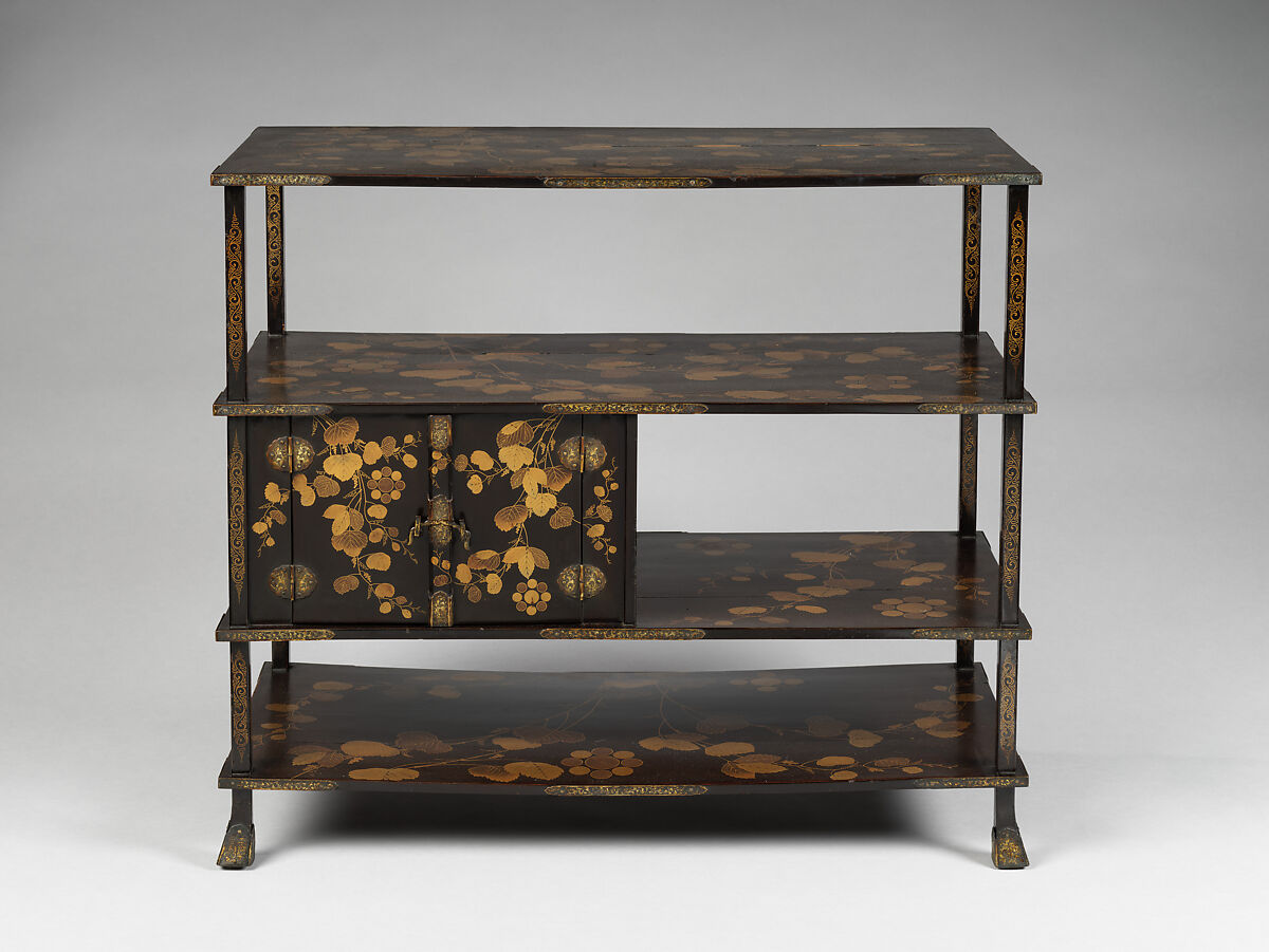 Shelf for Cosmetic Boxes (Kurodana) with Wild Grapevine and Family Crest, Lacquered wood with gold, silver hiramaki-e, Japan