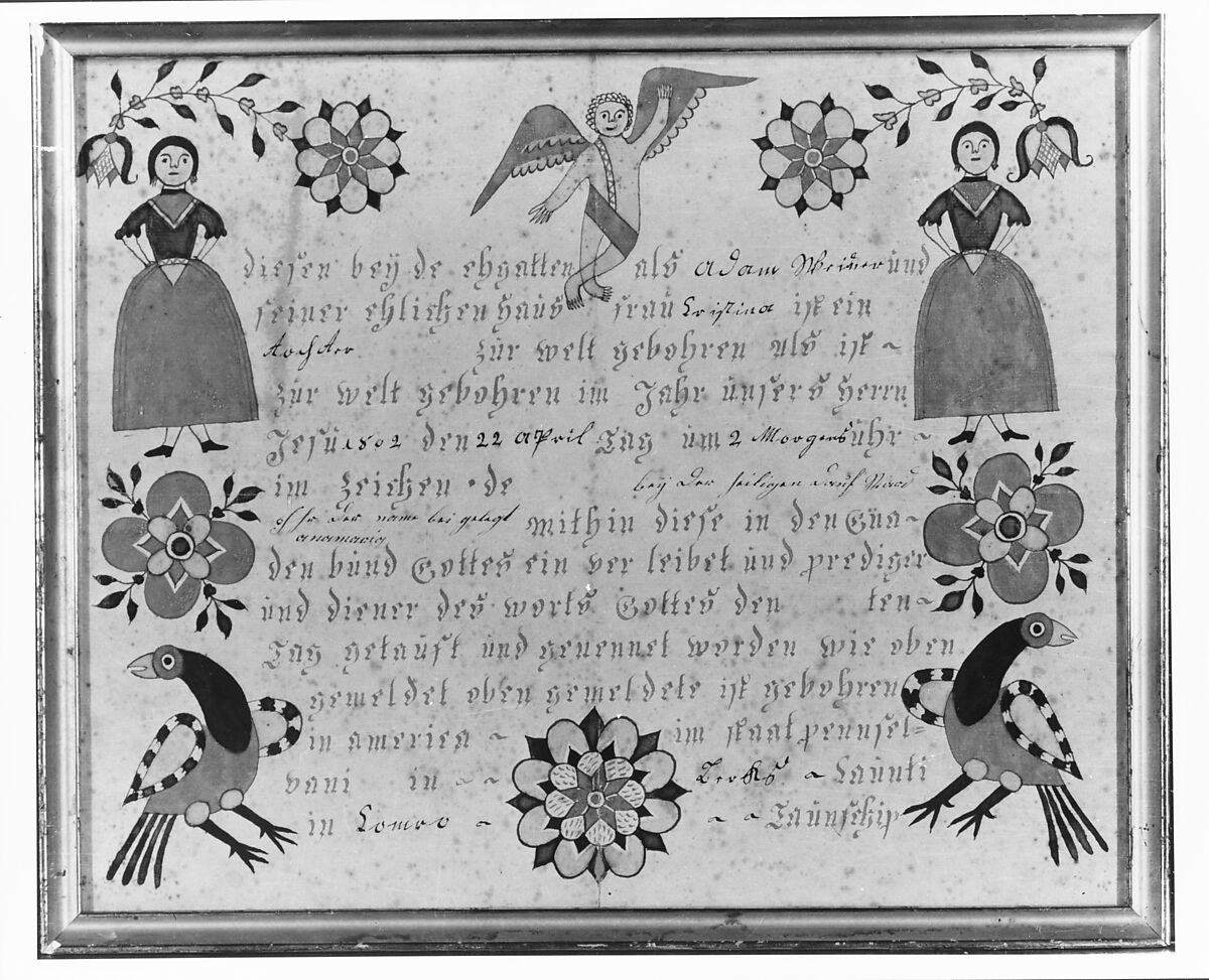 Birth and Baptismal Certificate, Watercolor, gum arabic, and iron gall ink on off-white laid paper, American