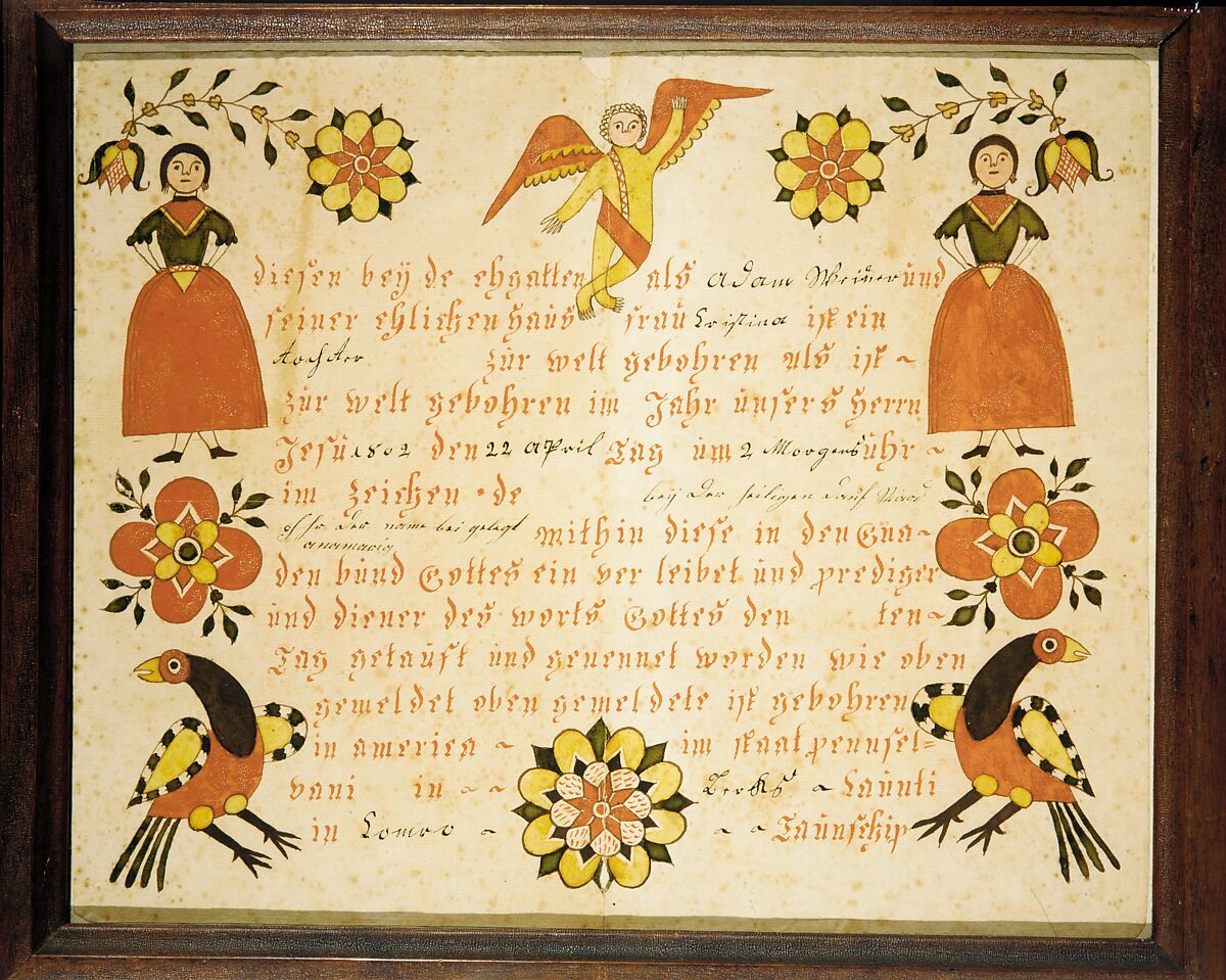 Birth and Baptismal Certificate, Watercolor, gum arabic, and iron gall ink on off-white laid
 paper, American 