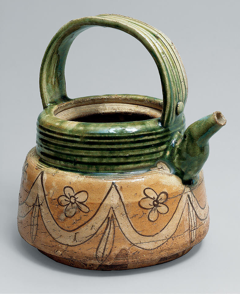 Ewer (Suichū) with Cherry Blossoms and Picnic Curtain, Stoneware with iron underglaze and copper-green glaze (Mino ware, Narumi Oribe type), Japan 