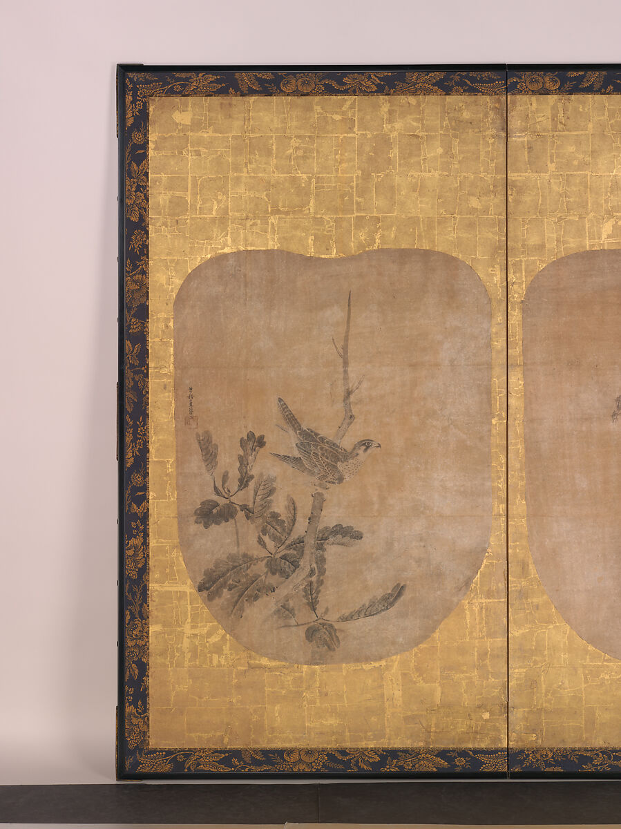Daoist Sage and Hawk, Soga Nichokuan (Japanese, active mid-17th century), Pair of fan-shaped paintings mounted on two-panel folding screen; ink on paper, Japan