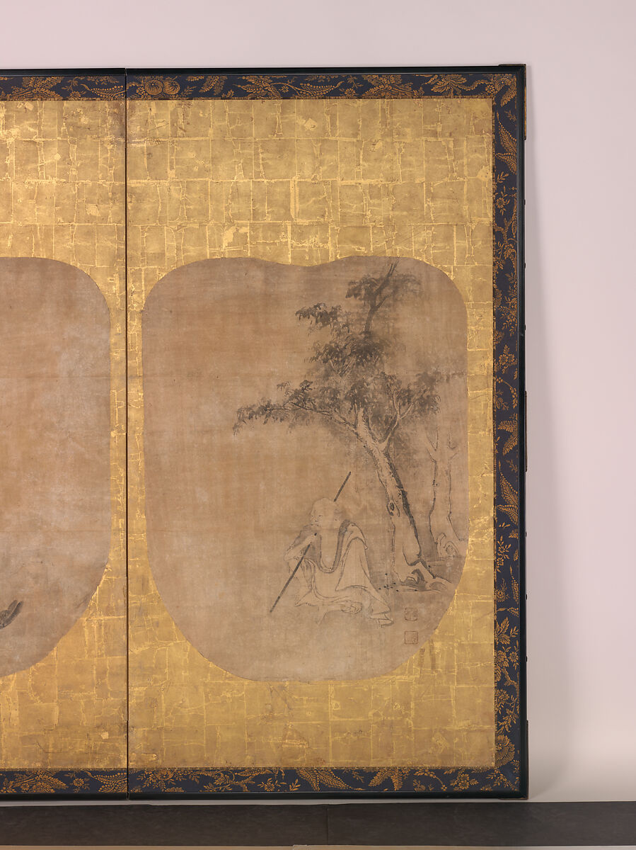 Daoist Sage and Hawk, Soga Nichokuan (Japanese, active mid-17th century), Pair of fan-shaped paintings mounted on two-panel folding screen; ink on paper, Japan