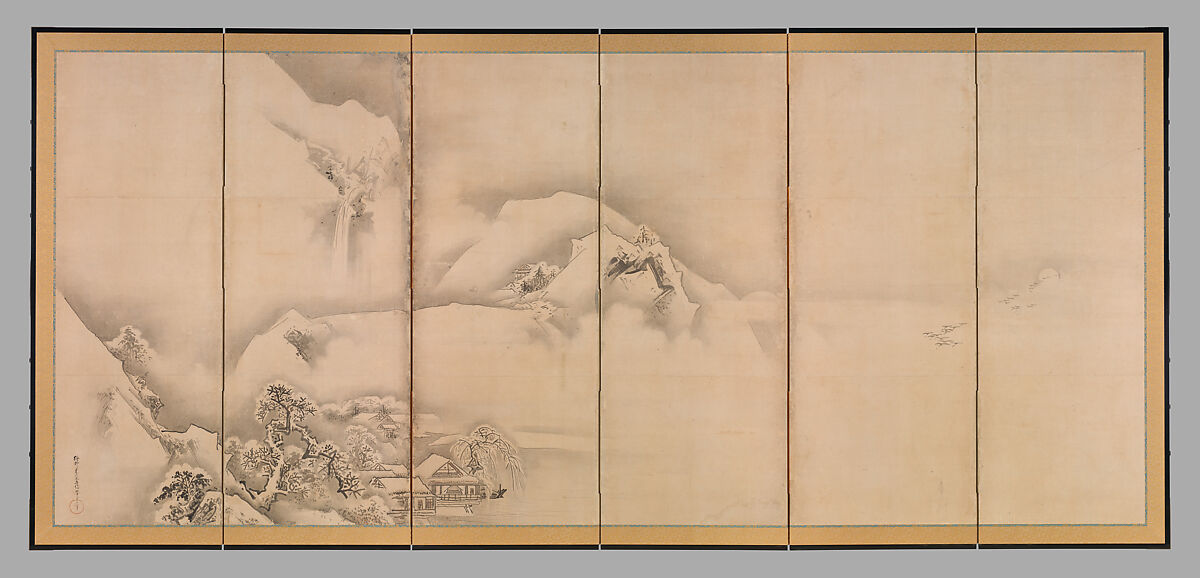Landscapes of the Four Seasons, Kano Tan'yū (Japanese, 1602–1674), Pair of six-panel folding screens; ink and color on paper, Japan