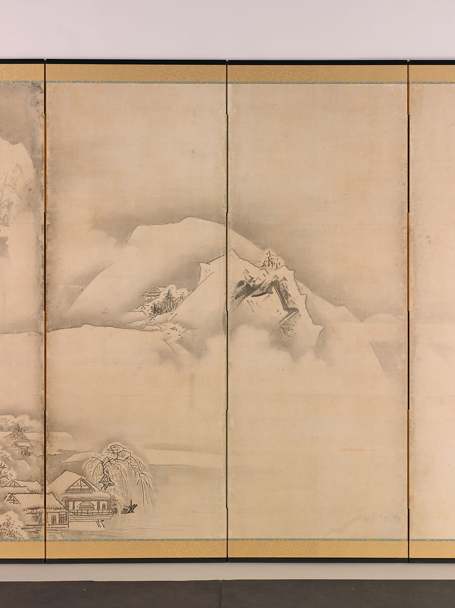 Landscapes of the Four Seasons, Kano Tan'yū (Japanese, 1602–1674), Pair of six-panel folding screens; ink and color on paper, Japan