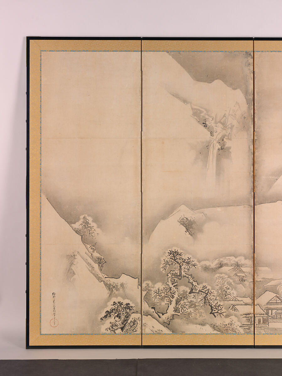 Landscapes of the Four Seasons, Kano Tan'yū (Japanese, 1602–1674), Pair of six-panel folding screens; ink and color on paper, Japan