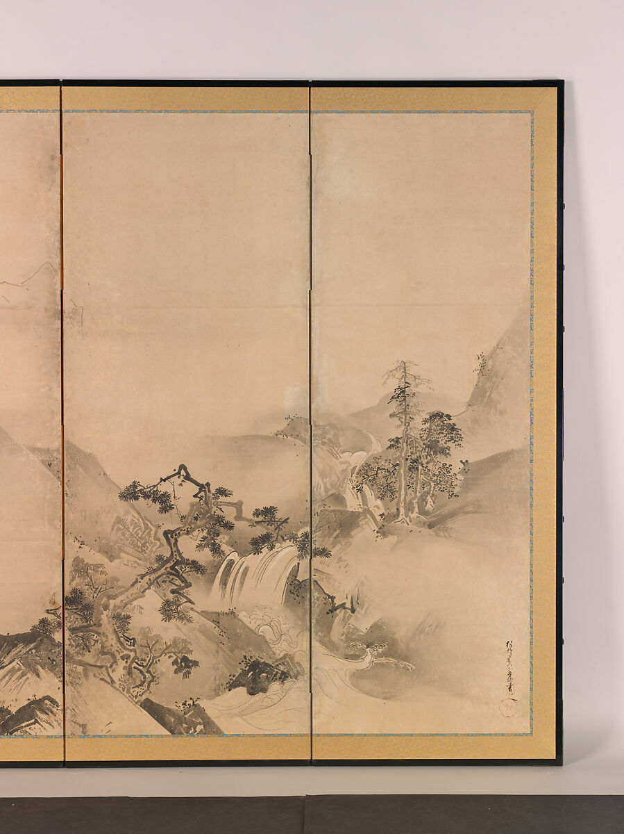 Landscapes of the Four Seasons, Kano Tan'yū (Japanese, 1602–1674), Pair of six-panel folding screens; ink and color on paper, Japan