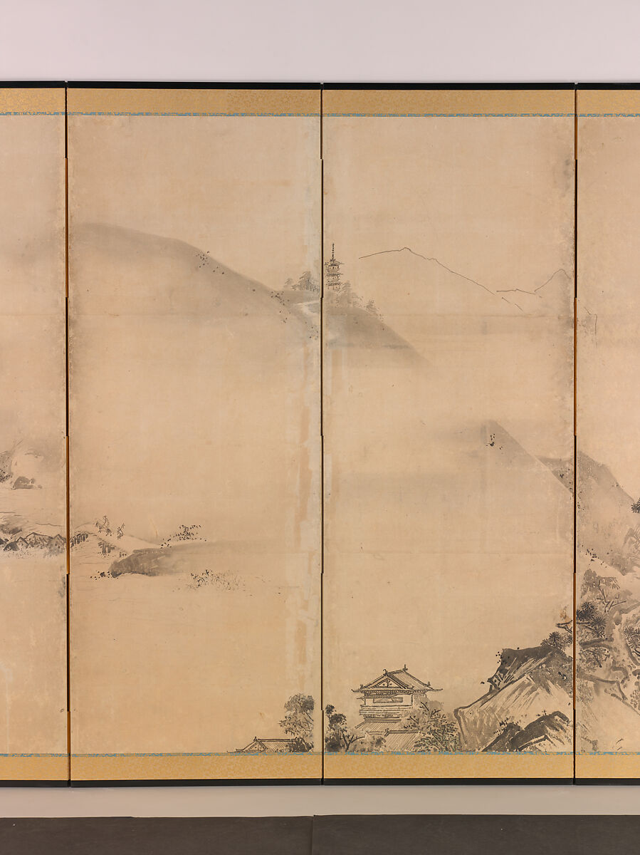 Landscapes of the Four Seasons, Kano Tan'yū (Japanese, 1602–1674), Pair of six-panel folding screens; ink and color on paper, Japan