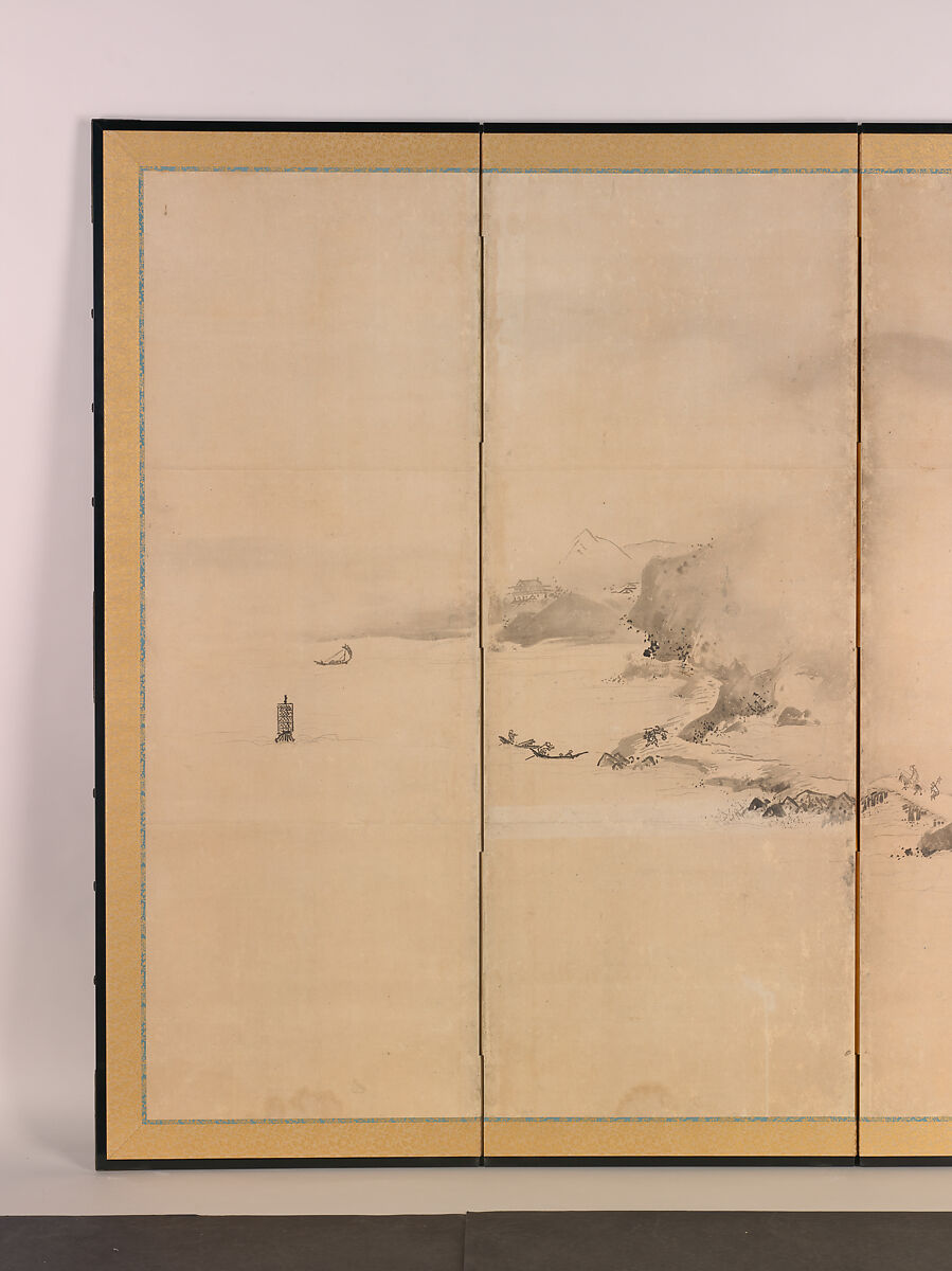 Landscapes of the Four Seasons, Kano Tan'yū (Japanese, 1602–1674), Pair of six-panel folding screens; ink and color on paper, Japan