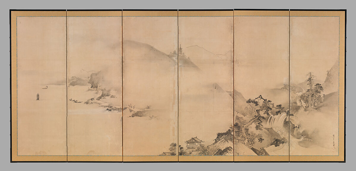 Landscapes of the Four Seasons, Kano Tan&#39;yū (Japanese, 1602–1674), Pair of six-panel folding screens; ink and color on paper, Japan 