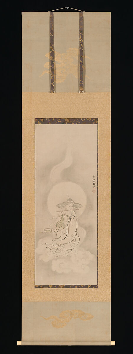 Jizō Bosatsu Playing a Flute, Kano Tan'yū (Japanese, 1602–1674), Hanging scroll; ink and color on paper, Japan