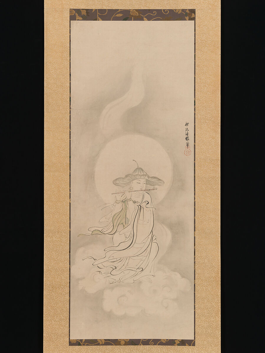 Jizō Bosatsu Playing a Flute, Kano Tan&#39;yū (Japanese, 1602–1674), Hanging scroll; ink and color on paper, Japan 