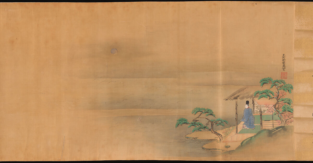 Eight Views from The Tale of Genji, Ishiyama Moroka (Japanese, 1669–1734), Handscroll; ink, color, and gold on silk, Japan