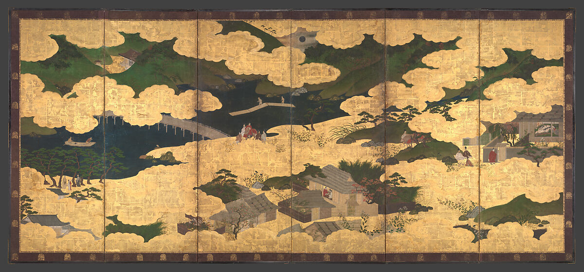 "Kogō" and "The Imperial Procession to Ōhara", from The Tale of the Heike (Heike monogatari), Pair of six-panel folding screens; ink, color, gold and gold leaf on paper, Japan 