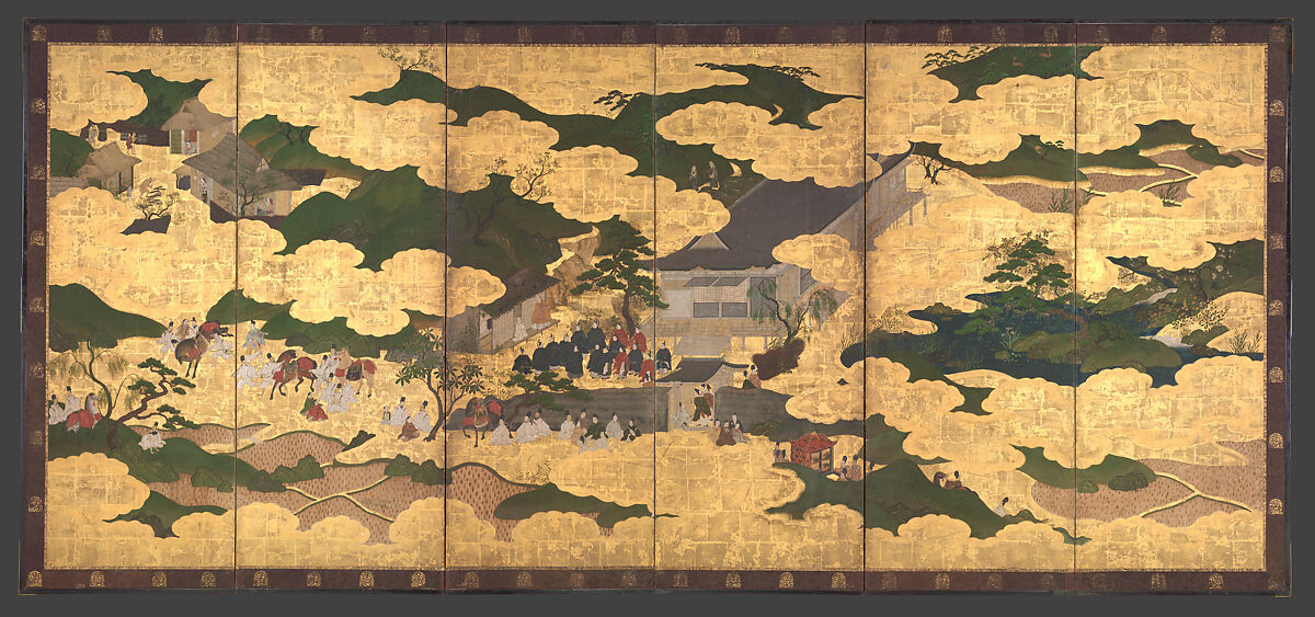 "Kogō" and "The Imperial Procession to Ōhara", from The Tale of the Heike (Heike monogatari), Pair of six-panel folding screens; ink, color, gold and gold leaf on paper, Japan