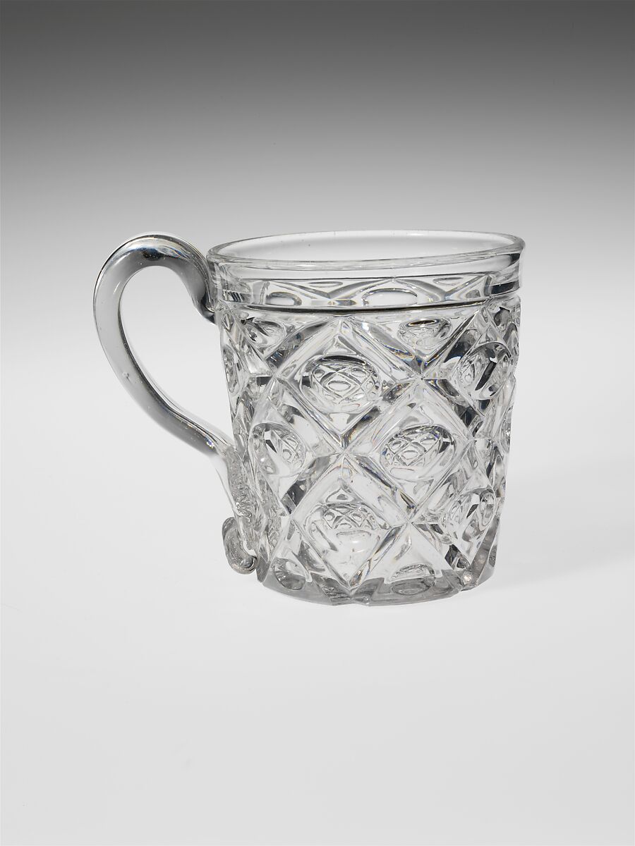 Mug, Pressed glass, diamond thumbprint, American 