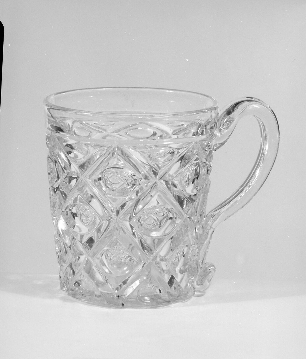 Mug, Pressed glass, diamond thumbprint, American 