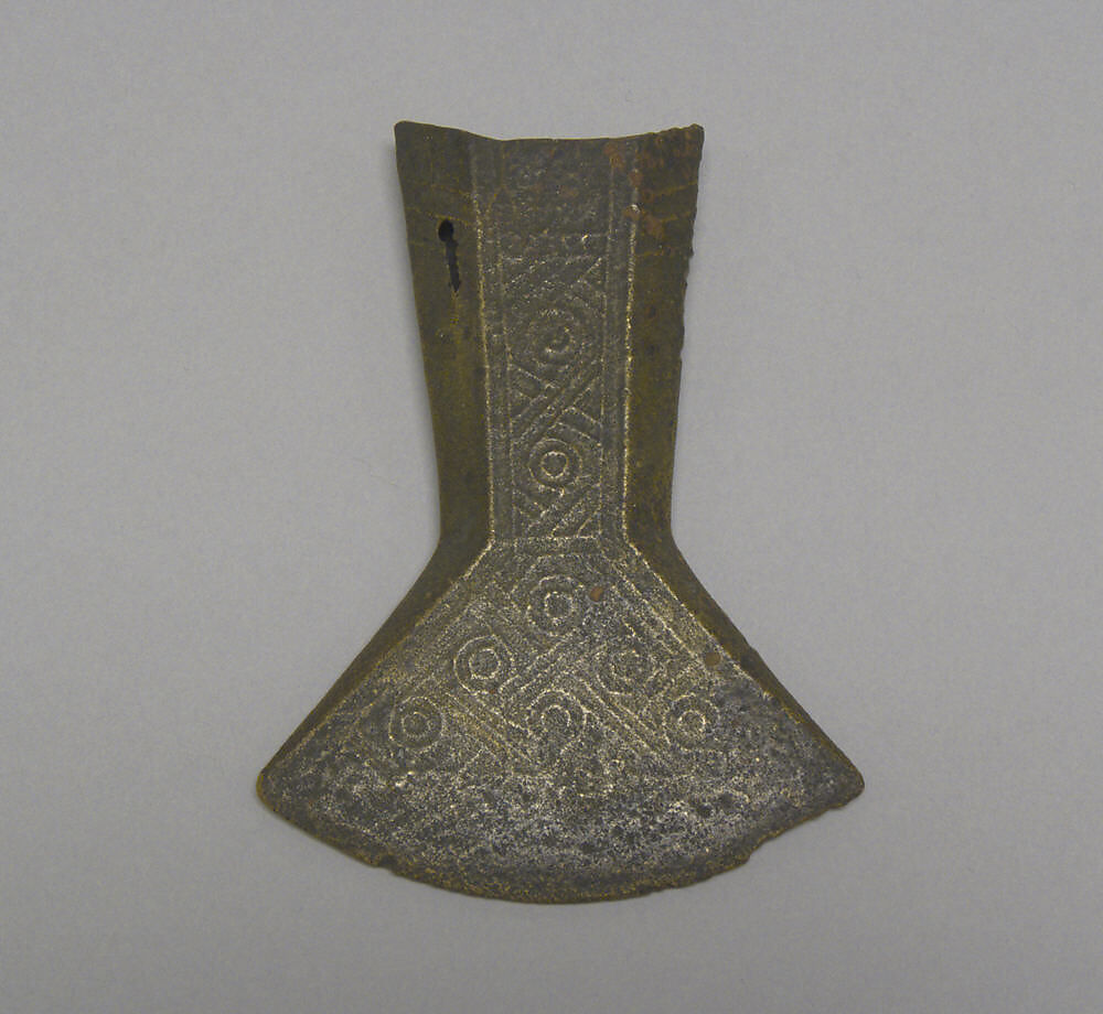 Hafted Fan-Shaped Ax with Design of Lattice and Circles, Bronze, Indonesia 