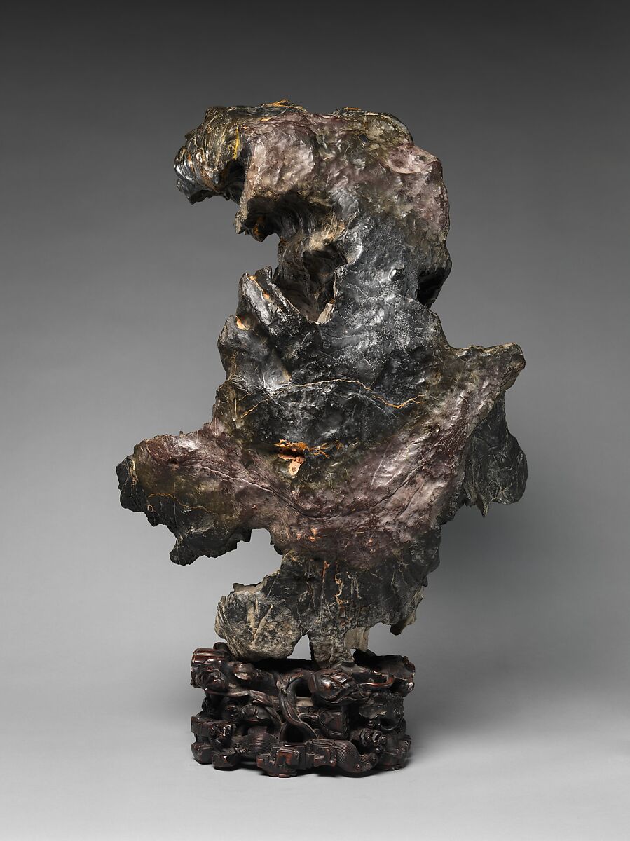 Rock in the form of a fantastic mountain, Gray Lingbi limestone; wood stand, China