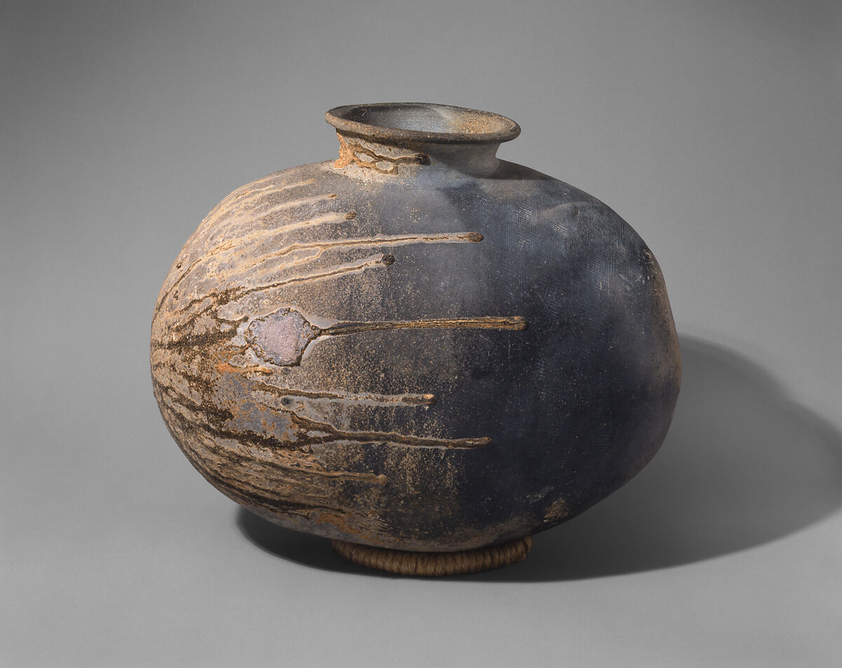 Recumbent bottle (yokobe), Stoneware with natural ash glaze (Sue ware), Japan 