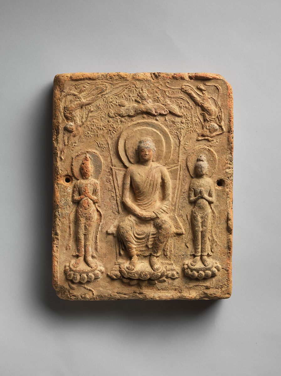 Tile with Buddha Triad, Earthenware with traces of color, Japan 