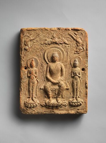 Clay Relief Tile with Buddhist Triad (Sanzon senbutsu)