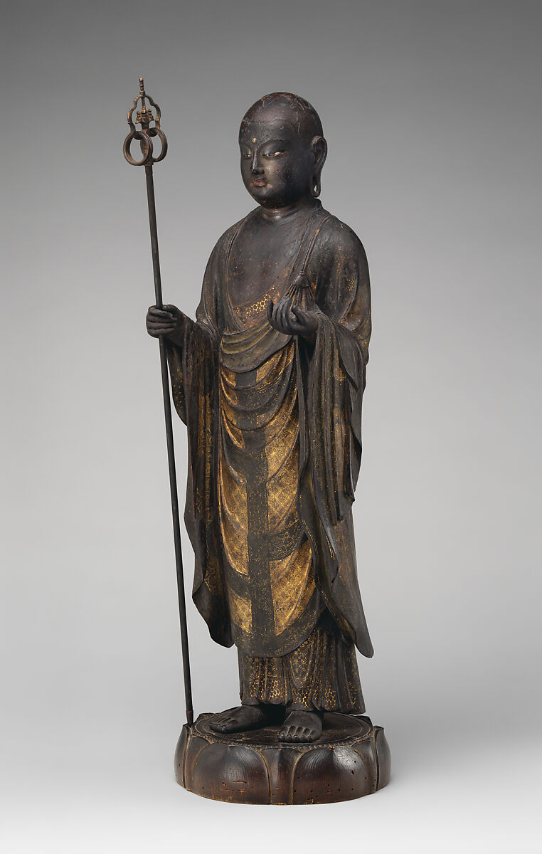Jizō, Bodhisattva of the Earth Store (Kshitigarbha), Kaikei (Japanese, active 1183–1223), Lacquered Japanese cypress, color, gold, cut gold, and inlaid crystal, Japan