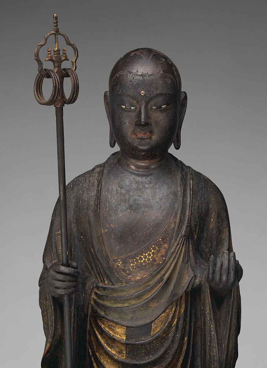 Jizō, Bodhisattva of the Earth Store (Kshitigarbha), Kaikei (Japanese, active 1183–1223), Lacquered Japanese cypress, color, gold, cut gold, and inlaid crystal, Japan