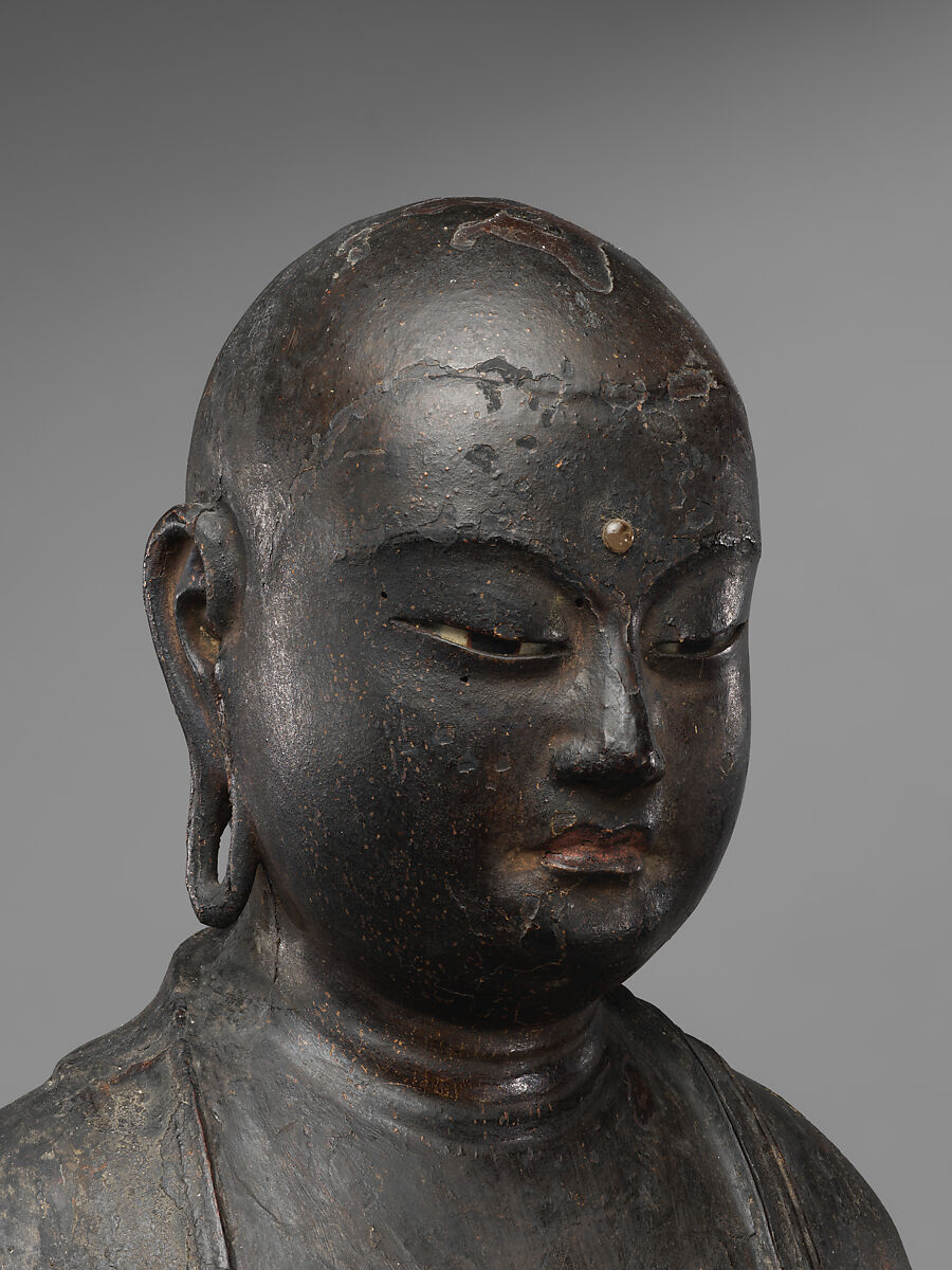 Jizō, Bodhisattva of the Earth Store (Kshitigarbha), Kaikei (Japanese, active 1183–1223), Lacquered Japanese cypress, color, gold, cut gold, and inlaid crystal, Japan
