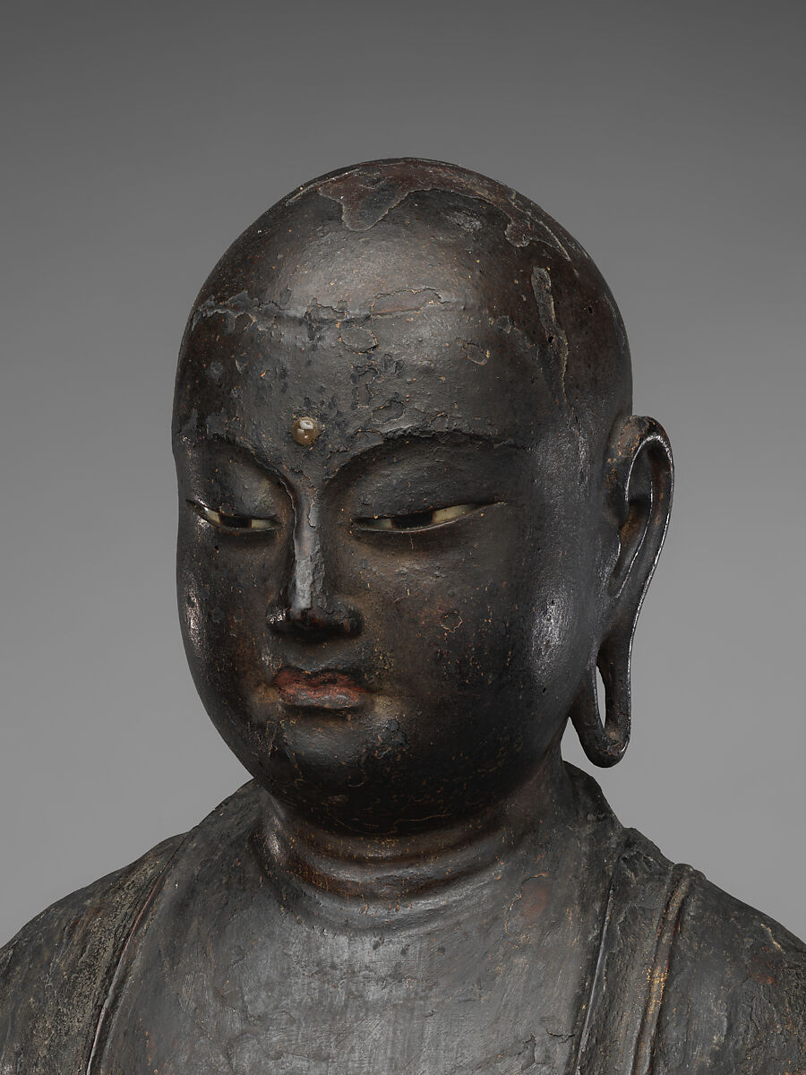 Jizō, Bodhisattva of the Earth Store (Kshitigarbha), Kaikei (Japanese, active 1183–1223), Lacquered Japanese cypress, color, gold, cut gold, and inlaid crystal, Japan