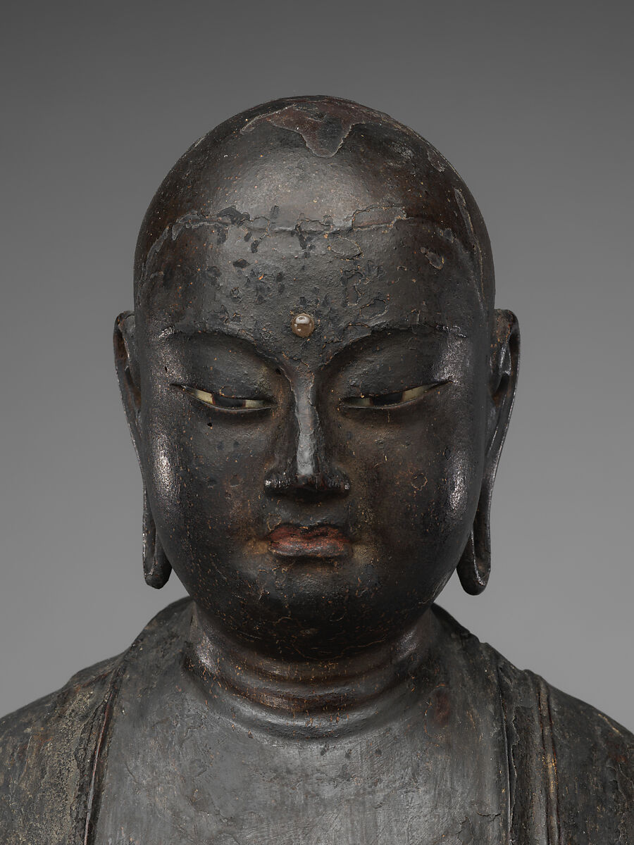 Jizō, Bodhisattva of the Earth Store (Kshitigarbha), Kaikei (Japanese, active 1183–1223), Lacquered Japanese cypress, color, gold, cut gold, and inlaid crystal, Japan