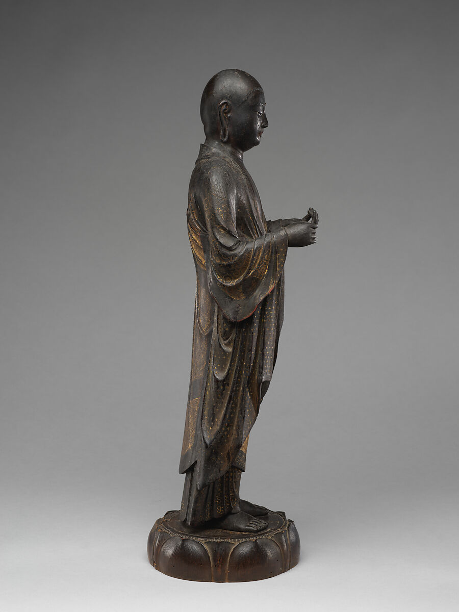 Jizō, Bodhisattva of the Earth Store (Kshitigarbha), Kaikei (Japanese, active 1183–1223), Lacquered Japanese cypress, color, gold, cut gold, and inlaid crystal, Japan