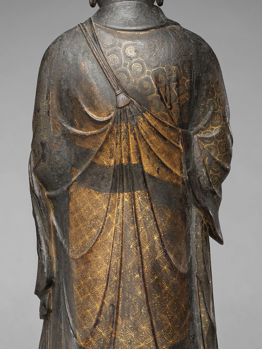 Jizō, Bodhisattva of the Earth Store (Kshitigarbha), Kaikei (Japanese, active 1183–1223), Lacquered Japanese cypress, color, gold, cut gold, and inlaid crystal, Japan
