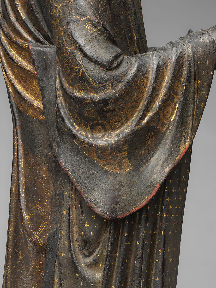 Jizō, Bodhisattva of the Earth Store (Kshitigarbha), Kaikei (Japanese, active 1183–1223), Lacquered Japanese cypress, color, gold, cut gold, and inlaid crystal, Japan