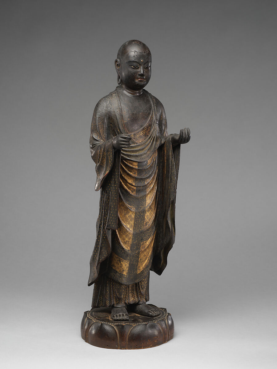 Jizō, Bodhisattva of the Earth Store (Kshitigarbha), Kaikei (Japanese, active 1183–1223), Lacquered Japanese cypress, color, gold, cut gold, and inlaid crystal, Japan