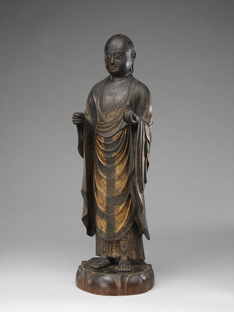 Jizō, Bodhisattva of the Earth Store (Kshitigarbha), Kaikei (Japanese, active 1183–1223), Lacquered Japanese cypress, color, gold, cut gold, and inlaid crystal, Japan