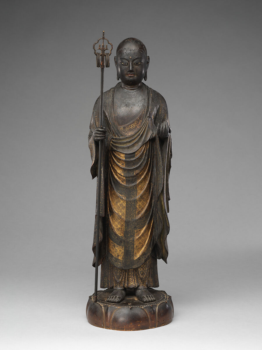 Jizō, Bodhisattva of the Earth Store (Kshitigarbha), Kaikei (Japanese, active 1183–1223), Lacquered Japanese cypress, color, gold, cut gold, and inlaid crystal, Japan 